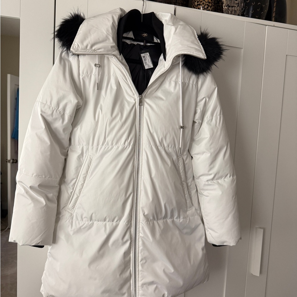 Women's White Puffer Jacket with Faux Fur Trim
